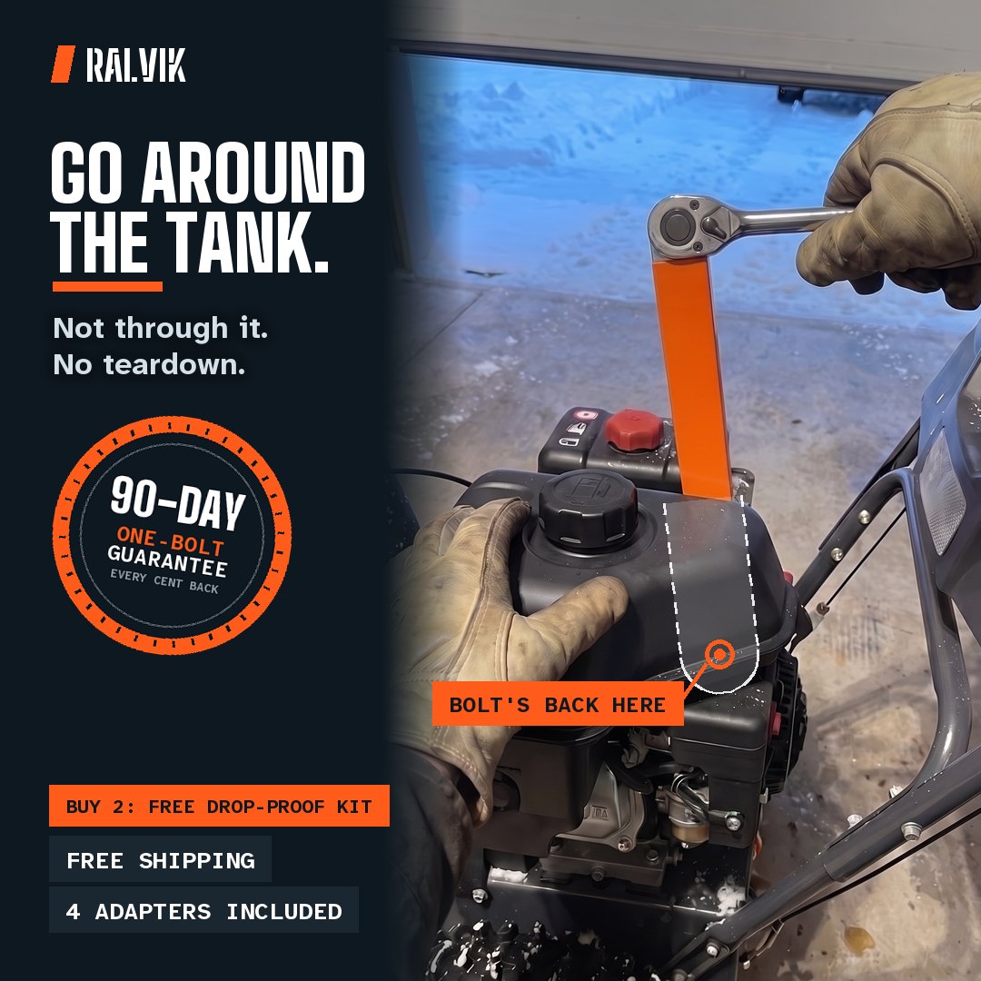 Reach the bolt behind the tank. The orange Ralvik offset on a snowblower, with the 90-day One-Bolt Guarantee seal