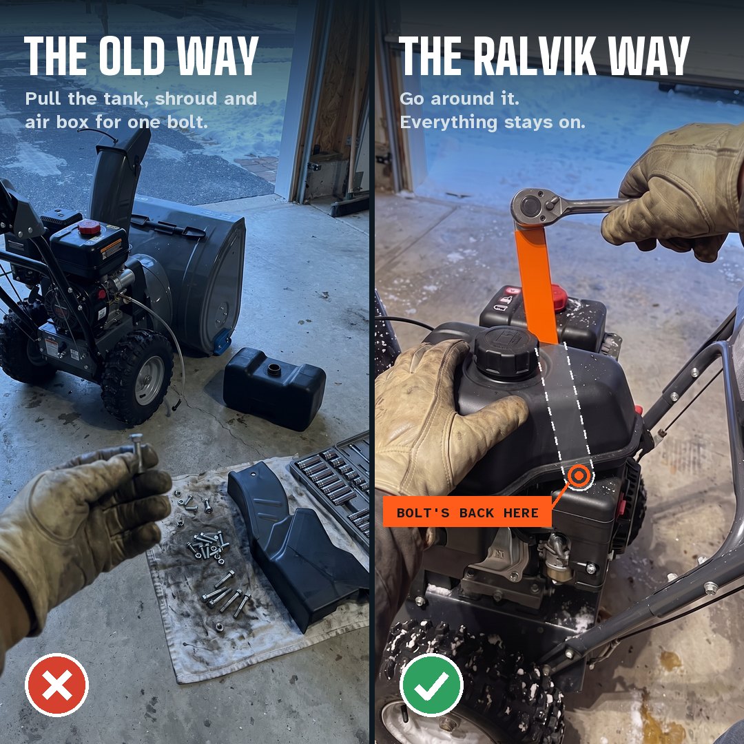 The old way, parts on the floor, versus the Ralvik way, everything stays on